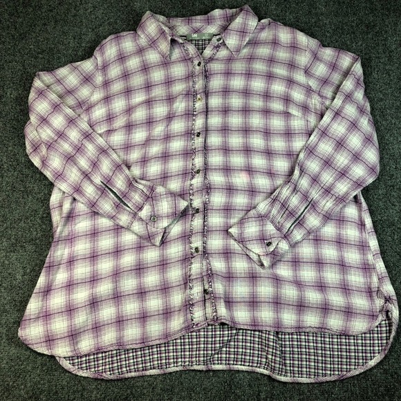 Lee Riders Tops - Lee Riders Womens 2X Plus Purple White Plaid Button Up Long Sleeve Shirt Ruffled